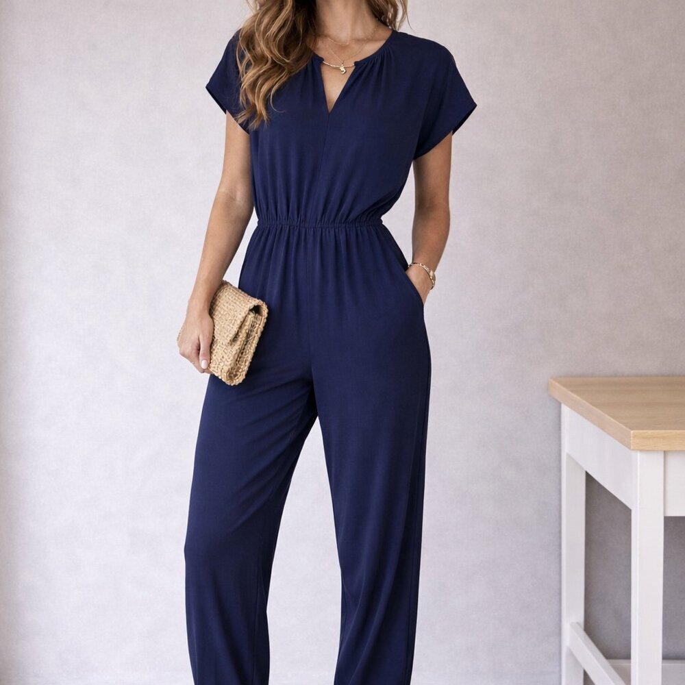 Monk & Lou size small Chic Navy Blue Jumpsuit, v neck, belted